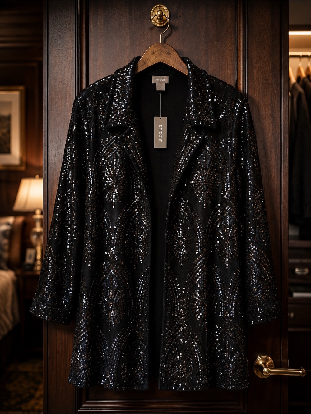 NWT Chico’s Geo Sequin Mesh Open Jacket Size 4 20/22 Black Holiday Evening